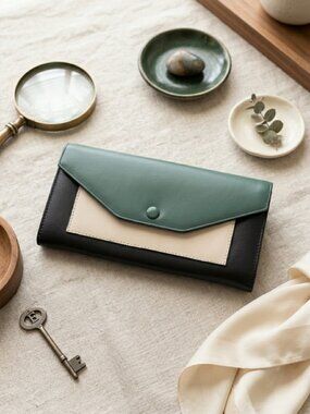 FIGESTIN Tri-color Envelope Wallet Minimalist Chic Accessory Black, Green, Beige